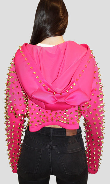 Pink Neoprene Crop Studded Hoodie