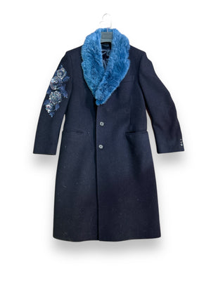 Navy Wool Coat with Rabbit Fur