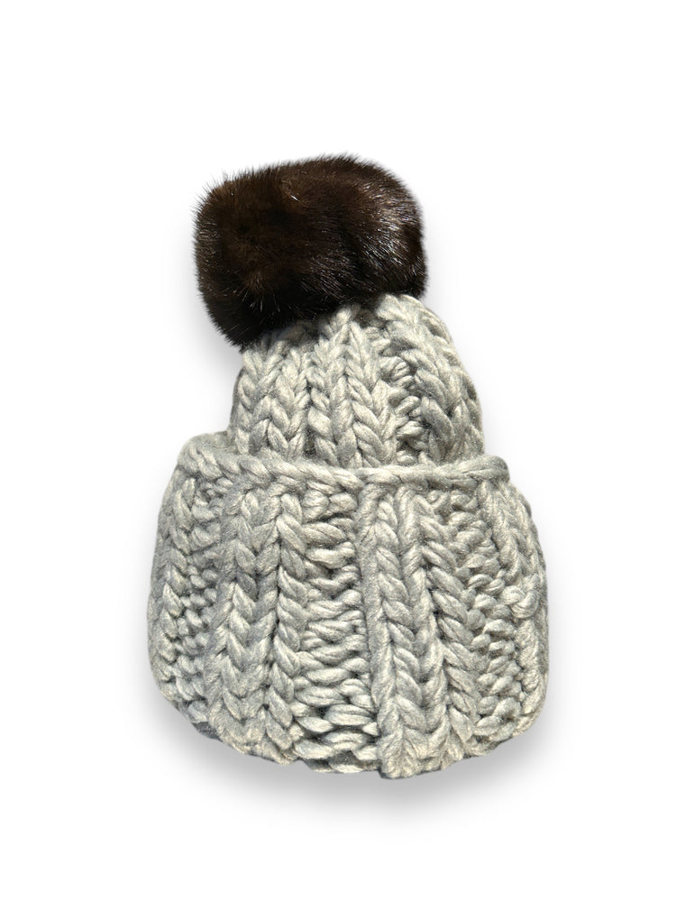 Knit Beanie w/ Fur Pom-Pom