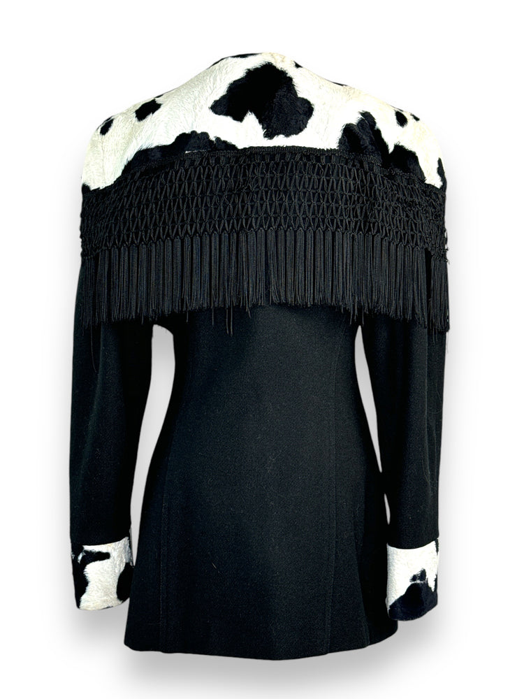 Y2K Parasuco black and White Cow Print Fringe Wool Jacket