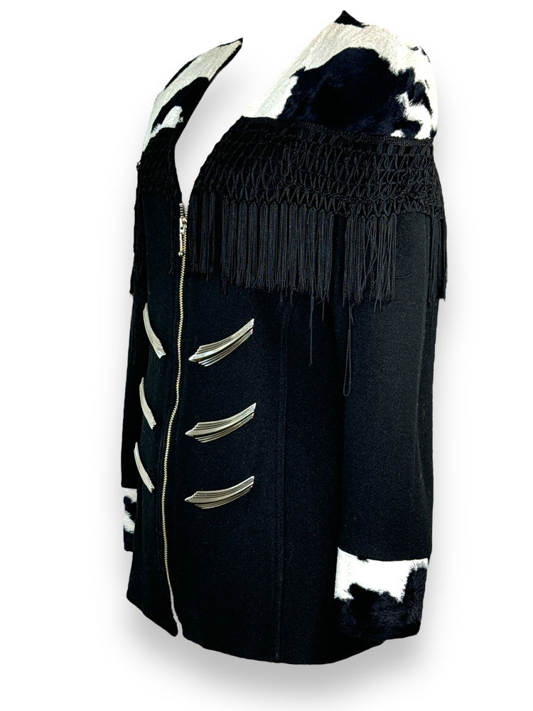 Y2K Parasuco black and White Cow Print Fringe Wool Jacket