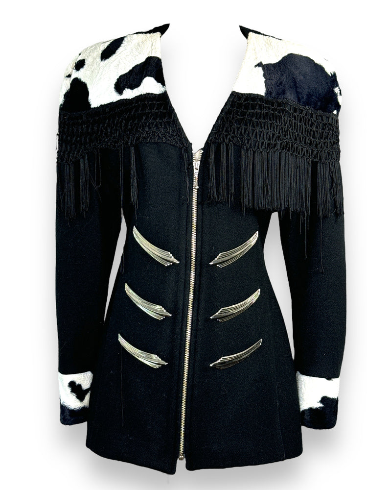 Y2K Parasuco black and White Cow Print Fringe Wool Jacket