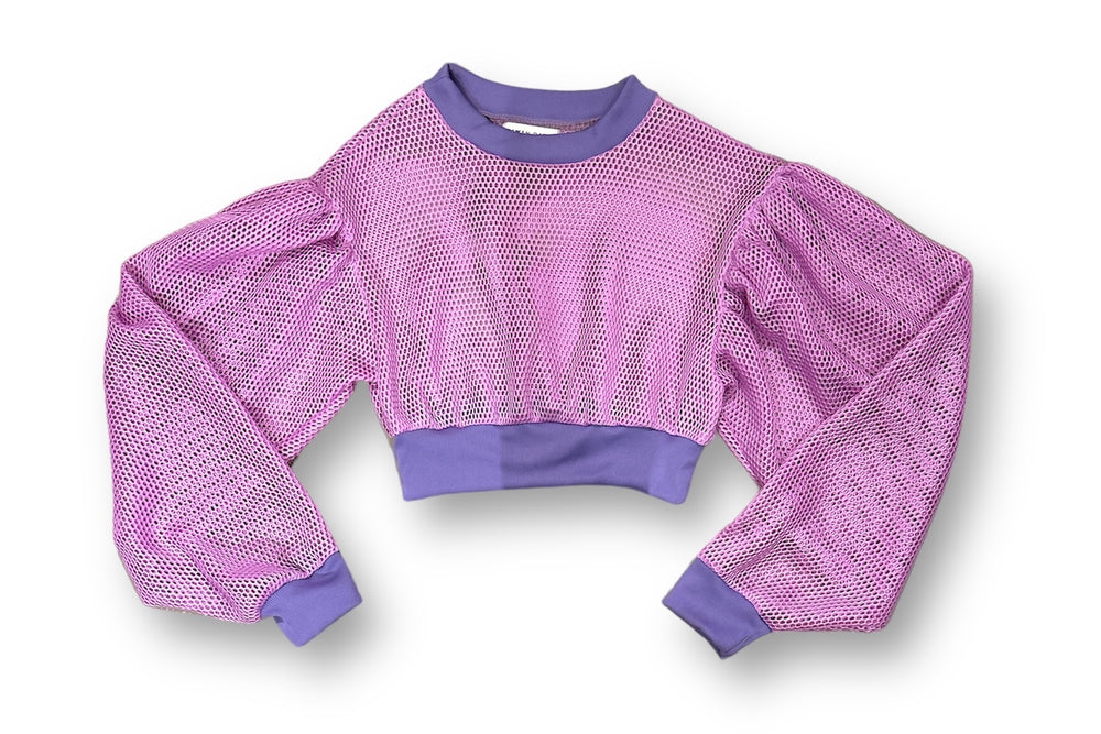 Cropped Balloon Sleeve Mesh Sweater