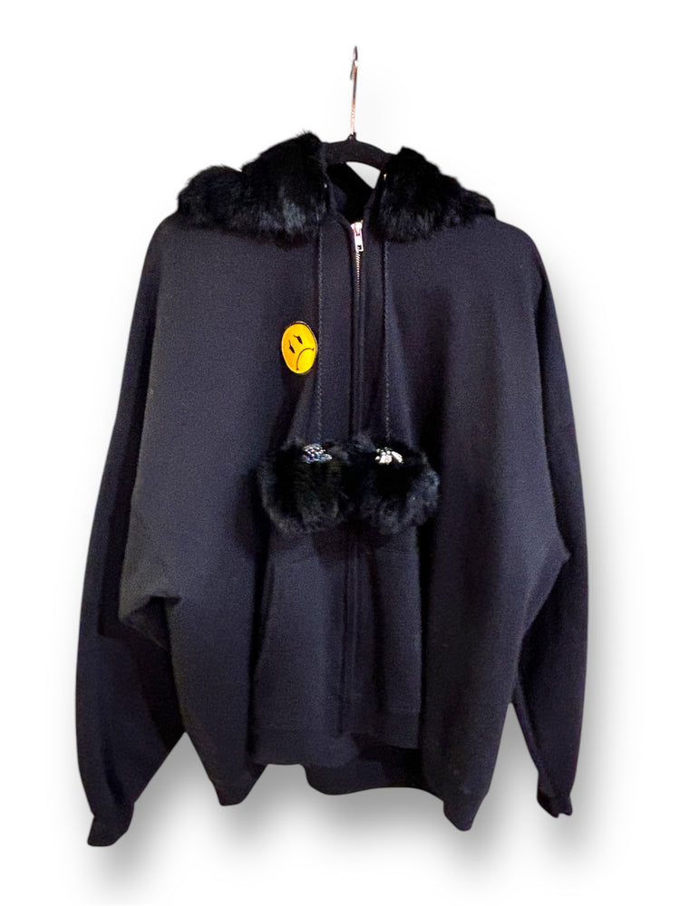 Zip Up Sweater w/ Full Rabbit Fur Hood & Embellishment