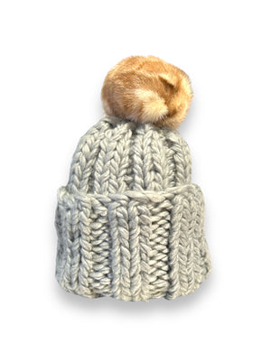 Knit Beanie with Fur Pompom