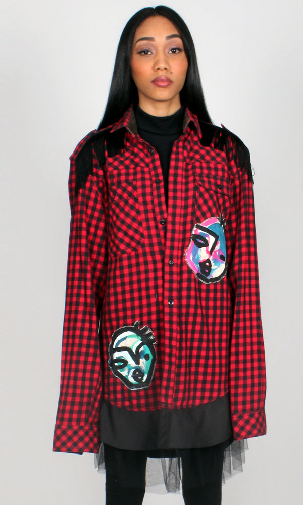 Plaid Shirt Dress with Faces