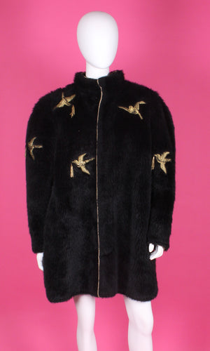 Embroidered Faux Fur Coat