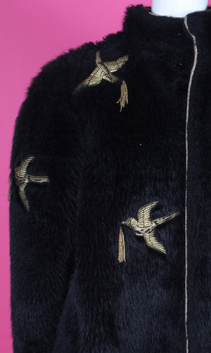 Embroidered Faux Fur Coat