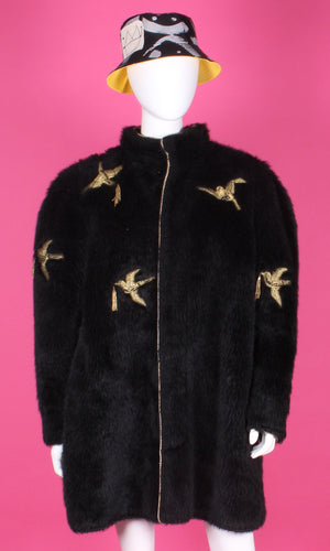 Embroidered Faux Fur Coat