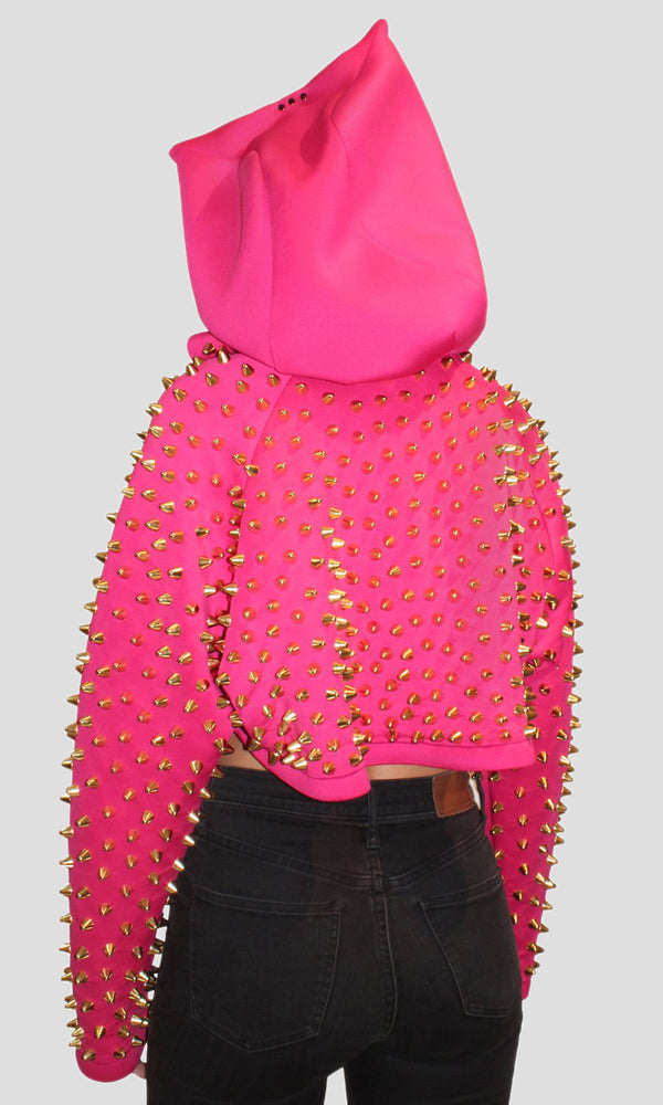 Pink Neoprene Crop Studded Hoodie