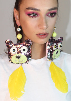 Yellow Feather Sequin Bear Earrings