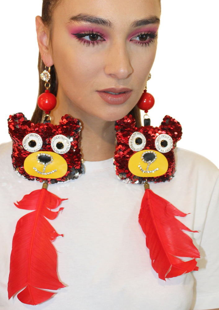 Sequin Bears with Feathers Earrings
