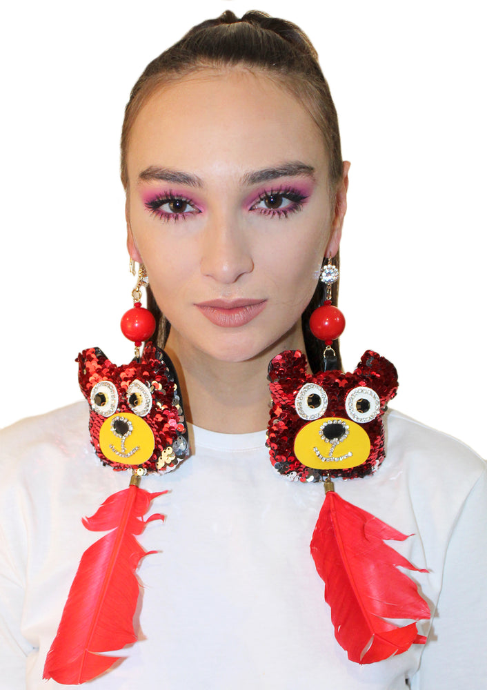 Sequin Bears with Feathers Earrings